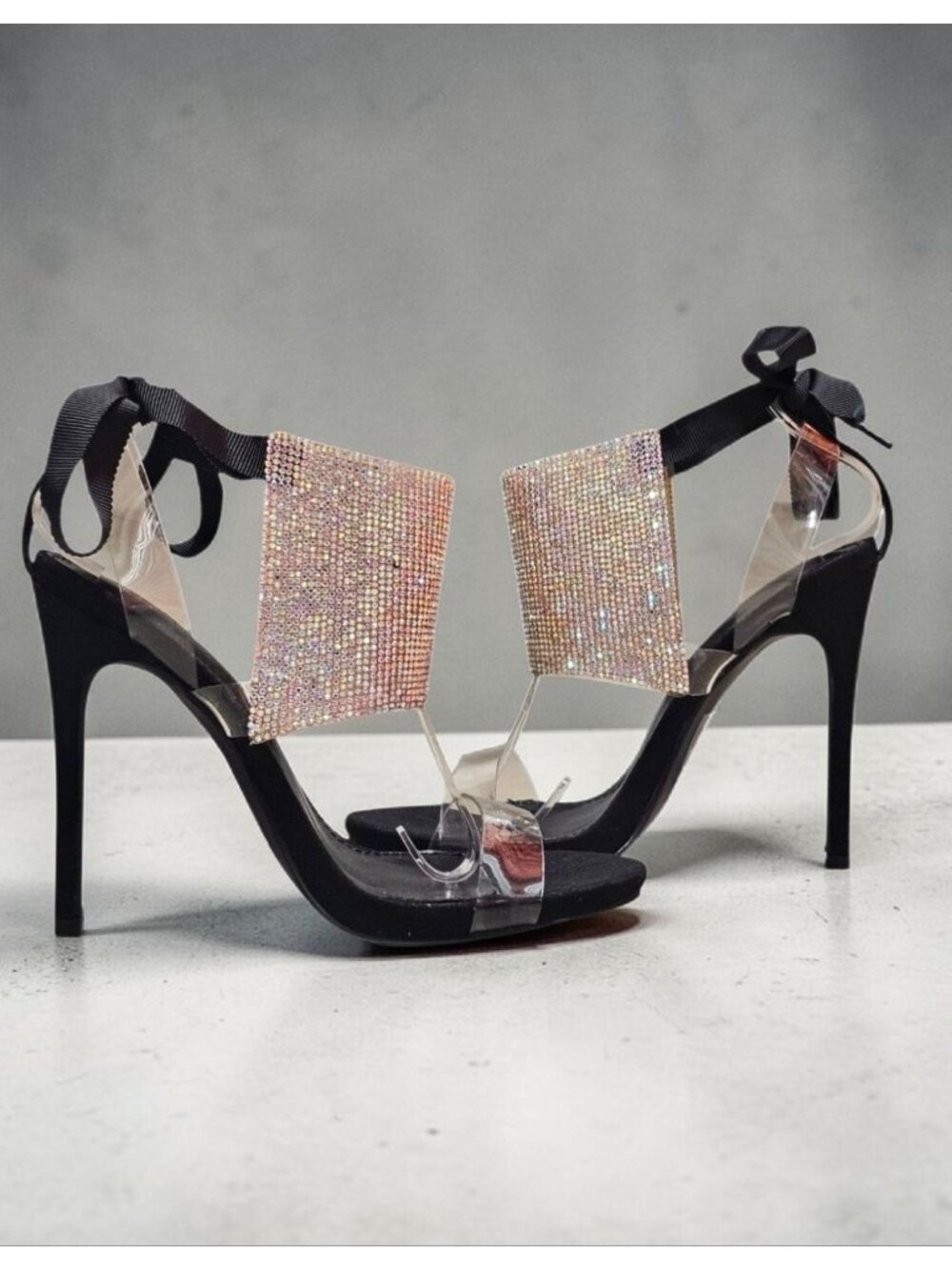 Black High Heel Sandals With Rhinestone Embellished Panels Clear Straps & Ribbon